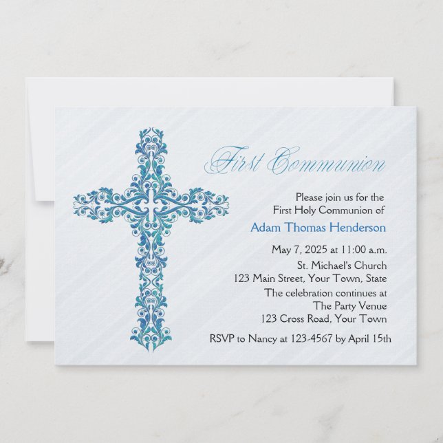 Ornate Blue Cross, First Communion Invitation (Front)