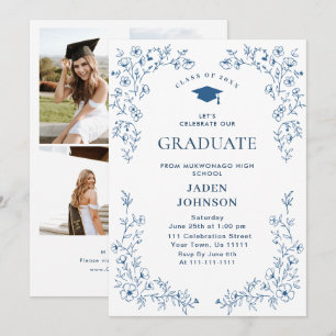 Ornate Blue Floral Grace 4 Photo Graduation Party Invitation