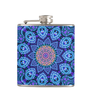 Ornate Blue Flower Vibrations Kaleidoscope Art Hip Flask