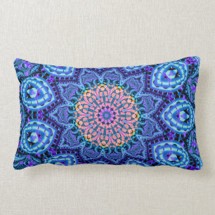 Ornate Blue Flower Vibrations Kaleidoscope Art Lumbar Cushion