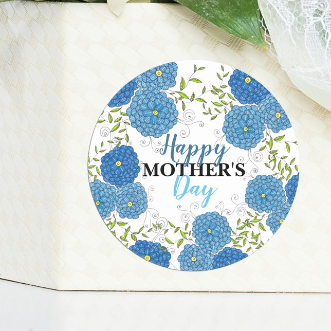 Ornate Blue Flowers and Green Leaves Mother's Day Classic Round Sticker (Creator Uploaded)