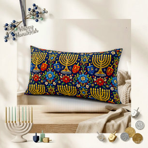Ornate Blue Folk Embroidered Menorah Lumbar Cushion