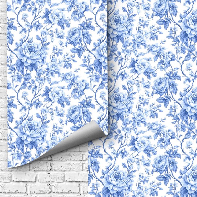 Ornate Blue French Toile Roses Floral Wallpaper  (Ornate Blue French Toile Roses Floral Wallpaper Design)