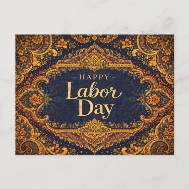 Ornate Blue Gold Scrollwork Happy Labor Day Holiday Postcard (Front)