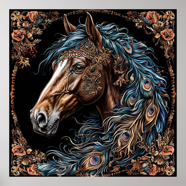 🐎 Ornate Blue Horse Wall Art 💙 Blue Mane (Front)