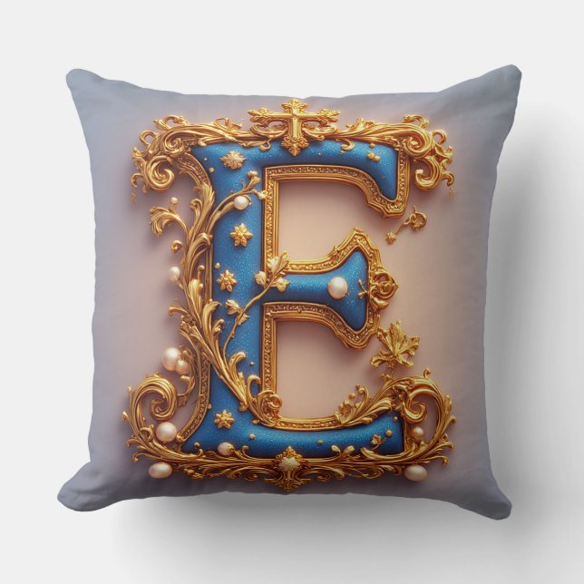 Ornate Blue Letter E Cushion (Front)