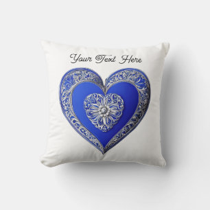 Ornate Blue Love Heart Romantic Custom Text Cushion