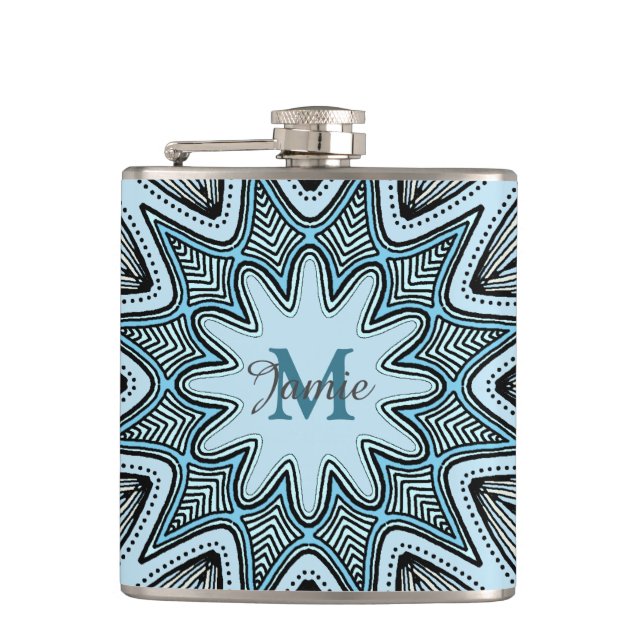 Ornate Blue Monogram Mandala Personalised Hip Flask (Front)