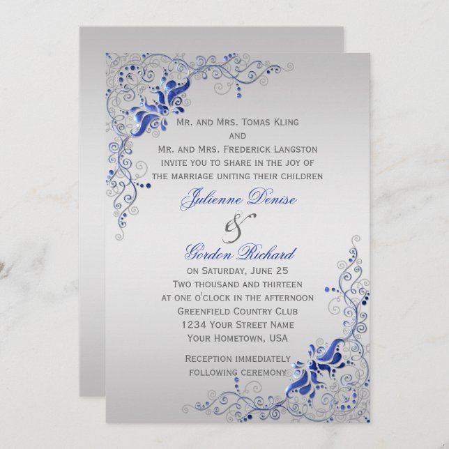 Ornate Blue Silver Floral Swirls Weddings Invitation (Front/Back)