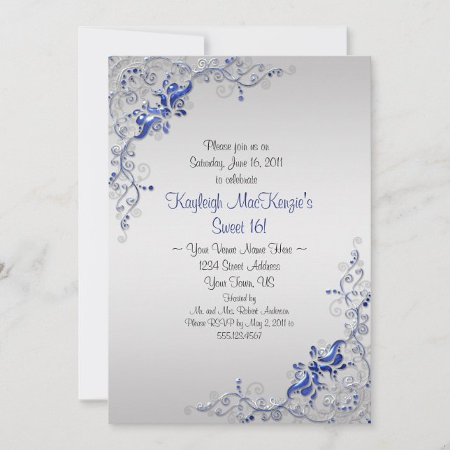 Ornate Blue Silver Swirls on Silver Sweet 16 Invitation (Front)
