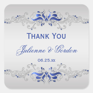 Ornate Blue Silver Swirls Square Wedding Favour Sticker