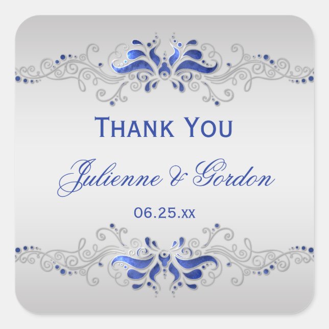 Ornate Blue Silver Swirls Square Wedding Favour Sticker (Front)