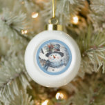 Ornate Blue Snowman Face Wearing A Tophat Ceramic Ball Christmas Ornament<br><div class="desc">A happy snowman wearing a tophat and carrot nose</div>
