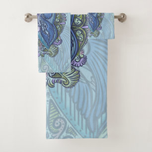 Ornate Blue & Teal Mandala Design Bath Towel Set