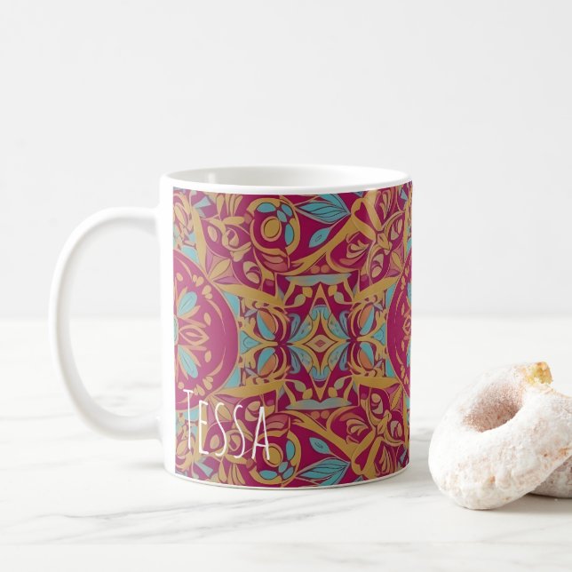 Ornate Bohemian Mandala Tile Pattern Coffee Mug (With Donut)