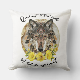 Ornate Boho Wolf with Yellow Flowers Cushion