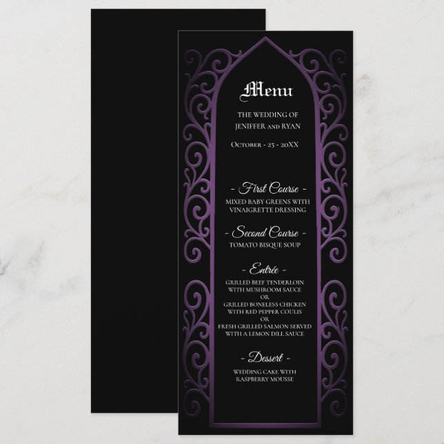 Ornate border black and purple Gothic Wedding Menu (Front/Back)