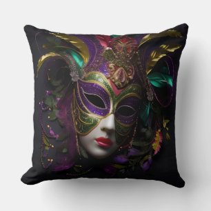 ORNATE BRIGHTLY COLORED MARDI GRAS MASK CUSHION