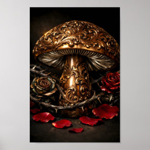 Ornate Bronze Mushroom Red Rose Gothic Steampunk Poster
