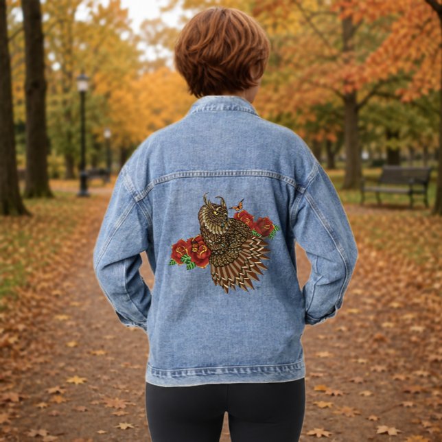 Ornate Brown Decorative Owl Red Roses Blue Denim Jacket (Creator Uploaded)