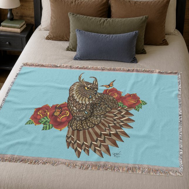 Ornate Brown Decorative Owl Red Roses Blue Throw Blanket (Creator Uploaded)