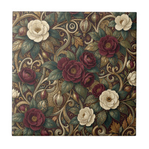 Ornate Burgundy Floral and Gold Lantern Vintage Tile