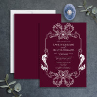 Ornate Burgundy Floral Line Art Monogram Wedding