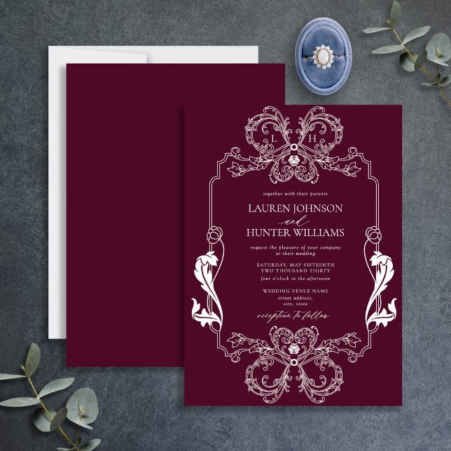 Ornate Burgundy Floral Line Art Monogram Wedding Invitation (Creator Uploaded)