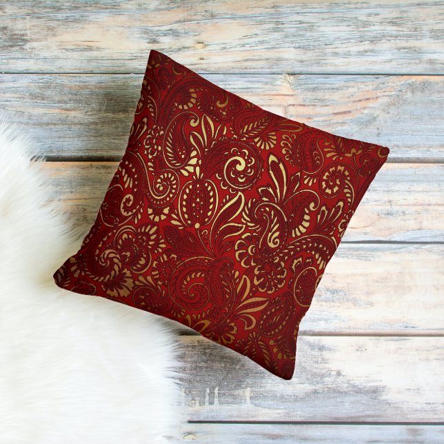 Ornate Burgundy Red Gold Flowers Bohemian Paisley Cushion (Creator Uploaded)