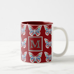 Ornate Butterflies Burgundy Pattern Monogram Two-Tone Coffee Mug