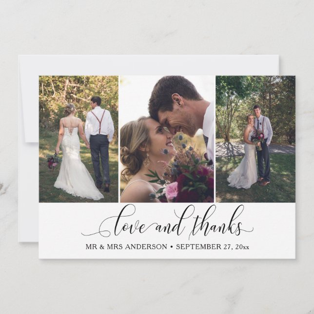 Ornate Calligraphy Script 3 Photos Wedding Thank You Card (Front)