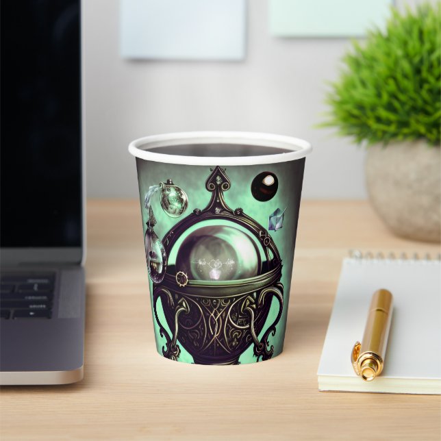 Ornate Cauldron with Green Crystal Ball and Orbs Paper Cups (Insitu)