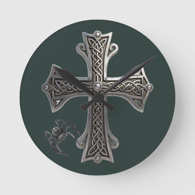 Ornate Celtic Silver Cross with Intricate Knot Pat Round Clock (Front)