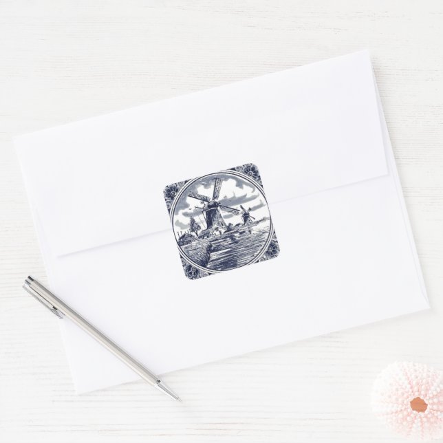 Ornate Chic Antique Dutch Delft Blue Windmill Square Sticker (Envelope)
