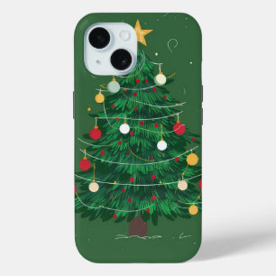 Ornate Christmas Tree Green Background iPhone 15 Case
