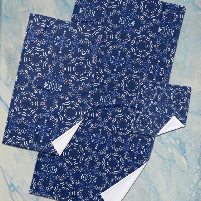 Ornate Classic Blue & White Mediterranean Azulejo Bath Towel Set (Creator Uploaded)
