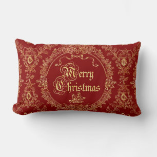 Ornate Classic Vintage Red Gold Merry Christmas Lumbar Cushion