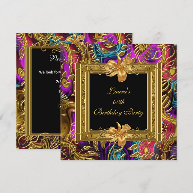 Ornate Coloured Black Gold Damask Birthday Party Invitation (Front/Back)