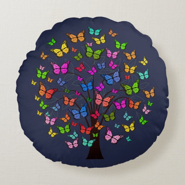 Ornate Colourful Abstract Butterfly Tree Art Round Cushion (Front)