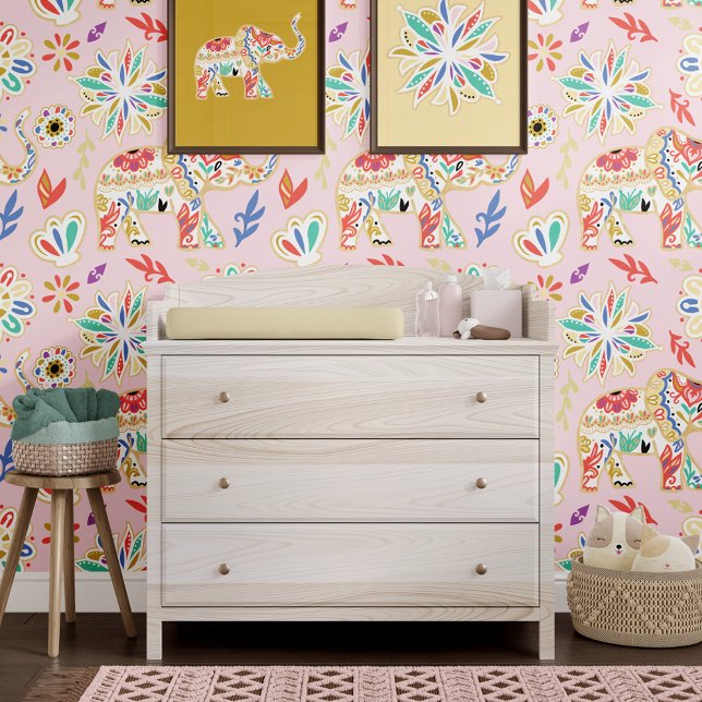 Ornate Colourful Decorative Elephant Boho Floral Wallpaper (Ornate Colorful Decorative Elephant Boho Floral Wallpaper)