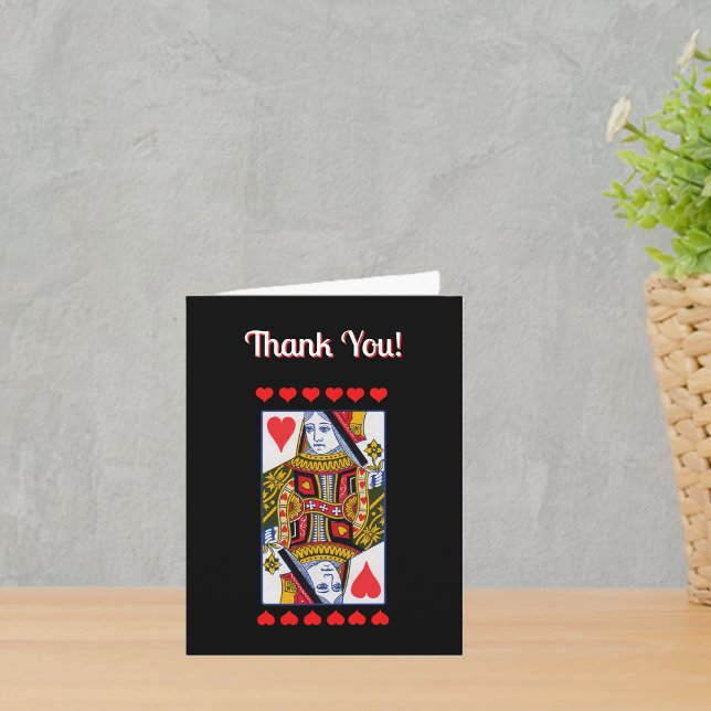 Ornate Colourful Heart Queen Playing Card Black (Ornate colouful heat queen from deck of cards red hearts on black Thank You card.)