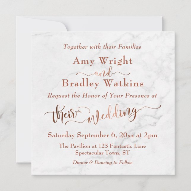 Ornate Copper Script w/ White Marble | Wedding Invitation (Front)