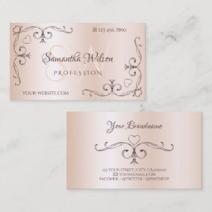 Ornate Corner Initials Shimmery Rose Pastel Pink Business Card