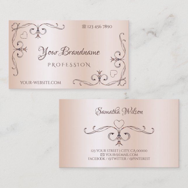 Ornate Corner Shimmery Rose Pastel Pink Coloured Business Card (Front/Back)
