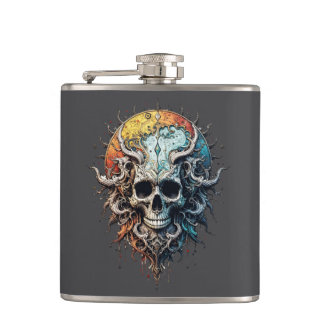 Ornate Cosmic Skull Gothic Baroque Mandala Hip Flask