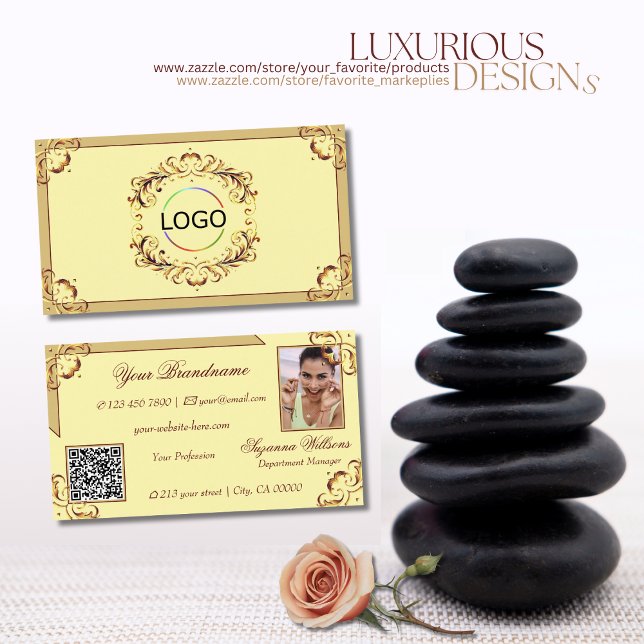 Ornate Cream Beige Gold Logo Photo and QR Code Business Card (Creator Uploaded)