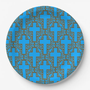 Ornate Cross 17 Blue/Gold-PAPER PARTY PLATES
