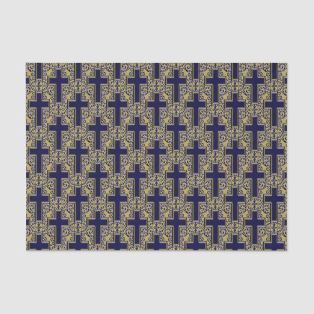 Ornate Cross 24 Blue-Gold-TISSUE WRAPPING PAPER (Front)