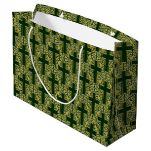 Ornate Cross-25-Green-Gold-GIFT BAG L
