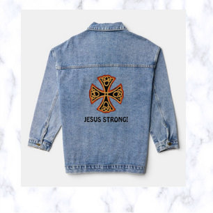 Ornate Cross Jesus Strong Denim Jacket